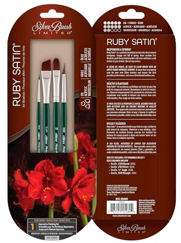 Silver Brush Limited RSS-2540S Ruby Satin Ausdrucksstarkes Pinselset, 4er Set Pinsel, Rundpinsel Größe 2/0, Dreieckspinsel Größe XS, Filbert Größe 10 und Eckiger Pinsel 1/2 Zoll