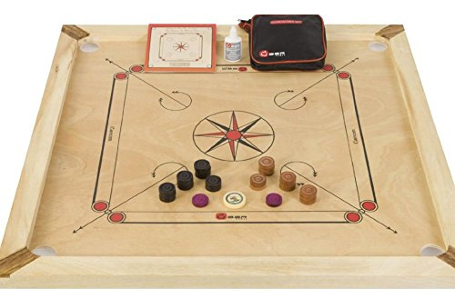 Juego de carrom, tablero de carrom en las dimensiones oficiales – India Made – Madera dura Kikar – Completo con piedras y polvo – En bolsa