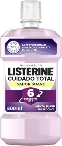 Listerine Cuidado Total Sabor Suave (1 x 500 ml), enjuague bucal sin alcohol, colutorio encías 0% alcohol con 10 beneficios en 1, enjuague bucal para 12 horas de protección