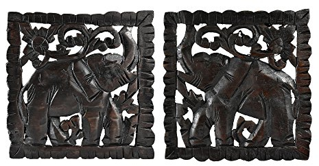 AeraVida Opposing Elephant Panel Set Hand Carved Teak Wood Relief Panel Wall Art | Wooden Decorative Wall Arts for Living Room | Wooden Wall Decor Gifts
