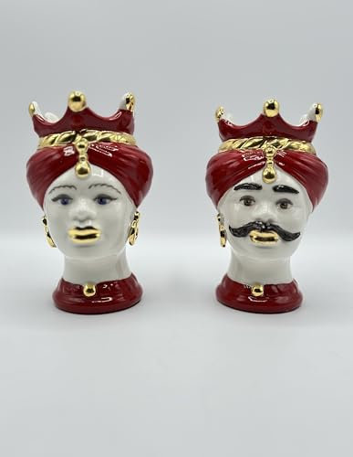 SBORDONE COPPIA TESTA DI MORO IN PORCELLANA CON CORONA ROSSO E BIANCO H 12
