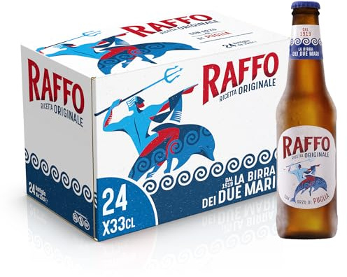 Raffo Ricetta Originale Cassa Birra con 24 Bottiglie da 33 cl, 7.92 L, Birra Lager dal Gusto Secco, Pieno e Moderatamente Amaro e dal Colore Giallo Paglierino, Gradazione Alcolica 4.7% Vol