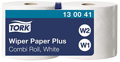 Tork 130041 Wiping Paper Plus Combi Roll / Wiping Paper Rolls Suitable for W1 and W2 Wipers System Dispensers / Extra Strong Paper Towel Roll / White / 2 x 255m / Ø 26.2cm