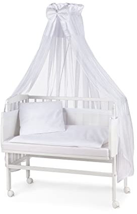 Waldin Beistellbett mit Matratze und Stoffen, höhen-verstellbar, 16 Modelle wählbar, Buche Massiv-Holz weiß lackiert,Große Liegefläche 90x55cm, weiß