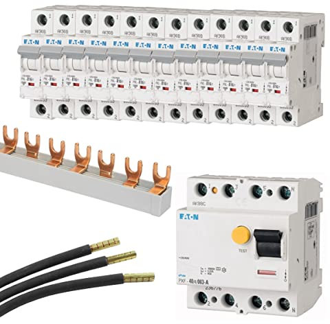 WITTKOWARE FI-/LS-Schalter-Set EATON 1: 12x Sicherungs-Automaten B16A, FI-Schalter 40/0,03A, Phasenschiene, 3x Verdrahtungsbrücken