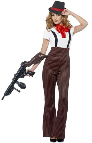Smiffys Glam Gangster Kostüm, Schwarz Rot, mit Oberteil, Hose, vorgetäuschten Hosenträgern, Krawatte Hut Halloween