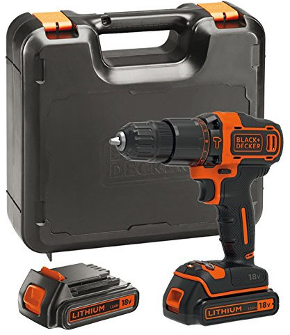 BLACK+DECKER 18 V Cordless 2-Gear Combi Hammer Drill with Kitbox, 2 x 1.5 Ah Lithium-Ion Batteries, BDCHD18KB-GB