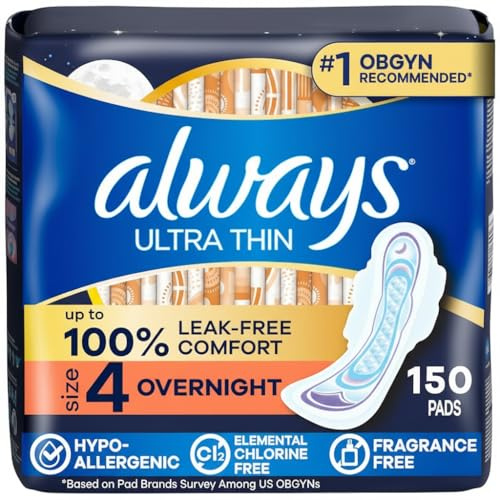 Always Ultra Thin Feminine Pads with Wings for Women, Size 4, Overnight Absorbency, Unscented, Up to 100% Leak-Free Comfort, 50 Count