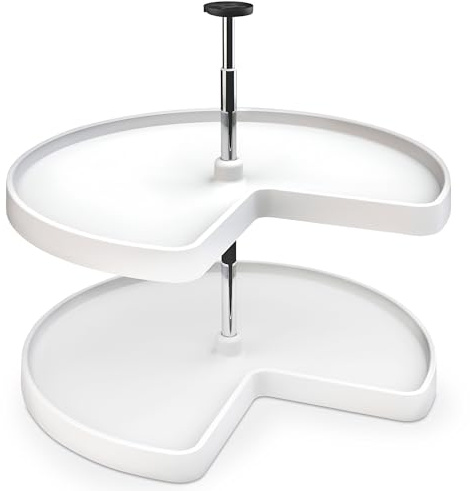 Rev-A-Shelf 2 Tier Kidney Cut Lazy Susan for Corner Base Cabinets, Plastic, 28 Double Shelf Swivel Kitchen Spice/Can Organizer, White, 3472-28-11-52