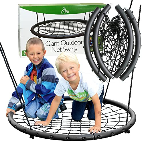 Tree Net Swing w Hanging Rope and Rings- Giant 40 Wide Two Person Indoor Outdoor Spider Web Swingset- Great for Backyard, Playground, Kids Playroom - Safe Durable, Ultimate Spring Gift for Girls Boys