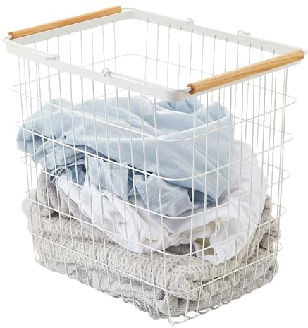 Yamazaki Home Tosca Laundry Basket - Laundry Basket With Wooden Handles - Large, 15 - Steel + Wood - 8.7 Gallons, 33 Liters
