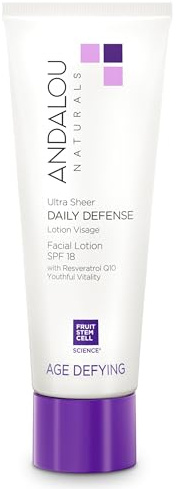 Andalou Naturals Age Defying Ultra Sheer Daily Defense Facial Lotion SPF 18 - Lightweight Sunscreen Moisturizer for Face - With Resveratrol CoQ10 - For All Skin Types - 2.7 oz