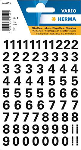 HERMA 4159 adesivi con numeri neri 0-9, 71 pezzi, dimensioni carattere 10 mm, autoadesivi, resistenti alle intemperie, piccoli, numeri adesivi numero civico in pellicola da incollare, trasparente
