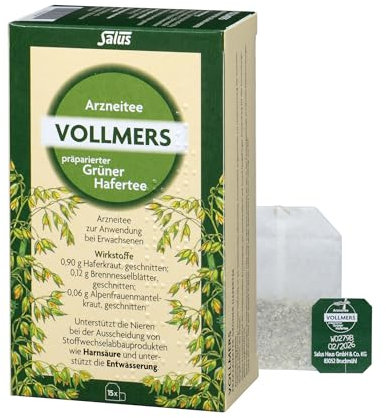 Vollmers präparierter Grüner Hafertee, 1 x 15 Filterbeutel (18 g), traditionelles pflanzliches Arzneimittel, unterstützt die Nieren bei der Ausscheidung von Stoffwechselabbauprodukten