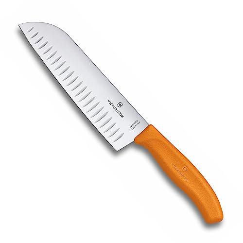 Victorinox Swiss Classic Coltello Santoku, Coltello in stile asiatico, Lama extra-affilata, Forma a bulbo, 17 cm, Acciaio inossidabile, Arancione