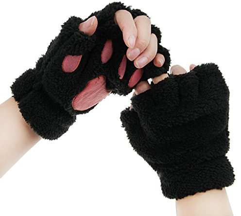 FakeFace Cute Cat Kitten Paw Fingerless Faux Fur Plush Gloves For Girls Women, Black, Small