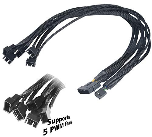 Akasa FLEXZ FP5 | 1 to 5 Ways | 4-pin PWM Fan Splitter Cable | Supports 5 PWM Fans From a Single Motherboard Header | With 4-pin Molex PSU Connector | 45cm | Black Braided Cable | AK-CBFA03-45