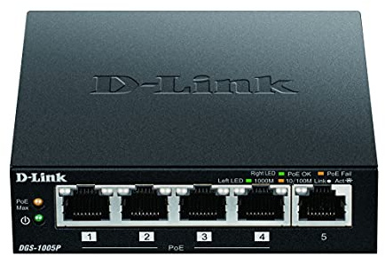 D-Link 5-Port Desktop Gigabit PoE+ Switch, up to 30 W per PoE port, Total power budget of 60 W, Green, Compact and Silent, Plug & Play black DGS-1005P/B