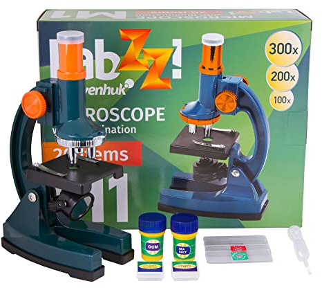 Levenhuk LabZZ M1 Microscopio Scientifico Educativo per Bambini e Principianti di Scienze con Supporto Girevole, Kit STEM Portatile di Esperimenti, Campioni Preparati e Strumenti Utili di Laboratorio