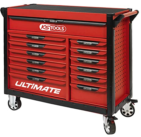 KS TOOLS - 809.0013 - Servante d'atelier Vide Ultimate 13 tiroirs - Caisse à Outil - Couleur Rouge -Plateau INOX - Porte flacons