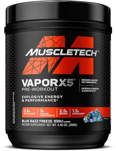 MuscleTech Pre-Workout Powder, Vapor X5 - Sports Nutrition Muscle Building Supplements for Women & Men - Intense Muscle Pump Energy Powder Drink Mix - Blue Razz Freeze, 266g (30 Servings)