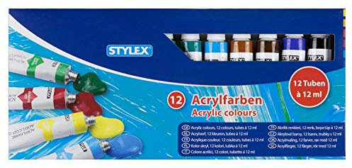 Stylex 28651 - Acrylfarben im Set, 12 Tuben á 12 ml, auf Wasserbasis hergestellt, matt, hohe Deck- und Farbkraft, lichtbeständig, schnelltrocknend und wasserfest