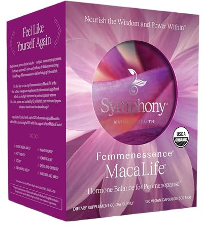 Femmenessence® MacaLife® – Clinically Proven Perimenopausal Organic Vegan Supplement for Natural Hormone Balance, Symptom Relief, Heart & Mood Support (120 Capsules, 60 Day Supply)