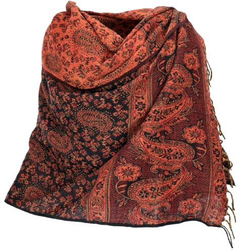 GURU SHOP Weicher Pashmina Schal/Stola mit Paisley Muster - Schwarz/orange, Herren/Damen