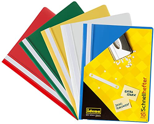 Idena 307007 - Schnellhefter für DIN A4, aus Kunststoff, 10 Stück, 5 Farben, 2 x blau/weiß/gelb/grün/rot