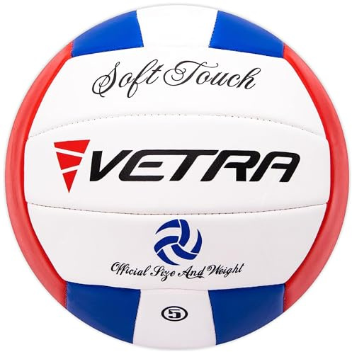VETRA Soft-Touch Volleyball - Size 5, Pack of 1, Blue/Red/White - Soft-Touch Comfort for Indoor Volleyball - Waterproof PVC & Stitched Design Inflatable Ball - Versatile All-Weather Training Ball