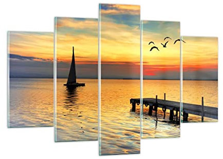 Moderne Impression sur Verre 150x100cm Image Tableau en Verre Decoration Murale Plage paysage eau pont Grand XXL Tableaux Decoratifs Muraux Chambre Triptyque 5 parties Deco Salon Art GEA150x100-2535