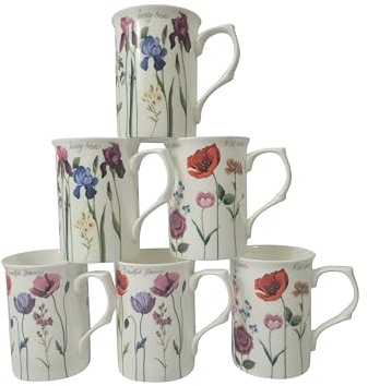 FINE Bone China Set of 6 Mixed STEM Flower Mugs Free Next Day DELIVERY in UK