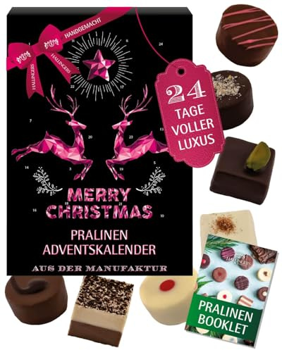 Hallingers Genuss Manufaktur Pralinen Adventskalender - ohne Alkohol, handgemacht aus zartschmelzendem Edelkakao in hochwertigem Softfeel-Karton Pinke Elche, Weihnachtskalender
