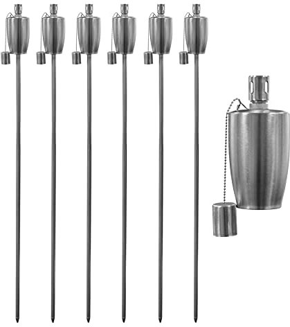 Harbour Housewares Torches de Jardin en Métal - Baril - Paquet de 6 - Torches de Jardin Argentées de 146 cm Éclairage Extérieur Moderne Lampe à Huile de Paraffine Lanterne à Flamme
