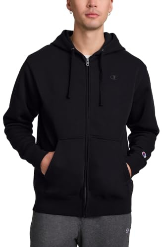 Champion Men's Powerblend Full-Zip Hoodie, Standard Fit, Midweight Fleece, Black - C Logo, Large