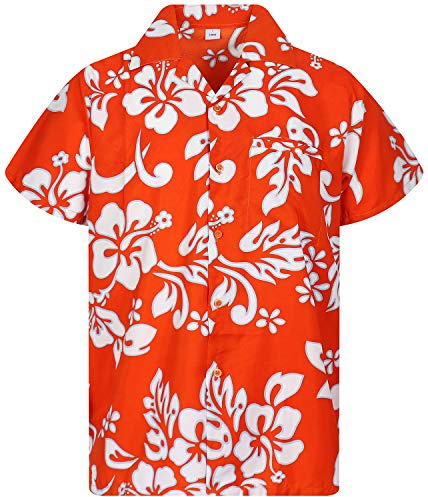 V.H.O. Funky Chemise-Hawaienne, Manche-Courte, Hibiscus, Orange, M
