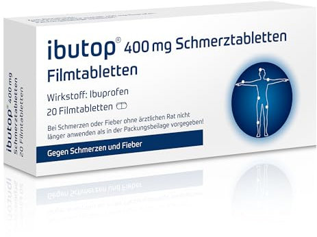 ibutop 400 mg Schmerztabletten, bei Schmerzen und Fieber, mit Ibuprofen, entzündungshemmend, Linderung von Kopfschmerzen, Zahnschmerzen, Regelschmerzen und Fieber, 20 Tabletten…