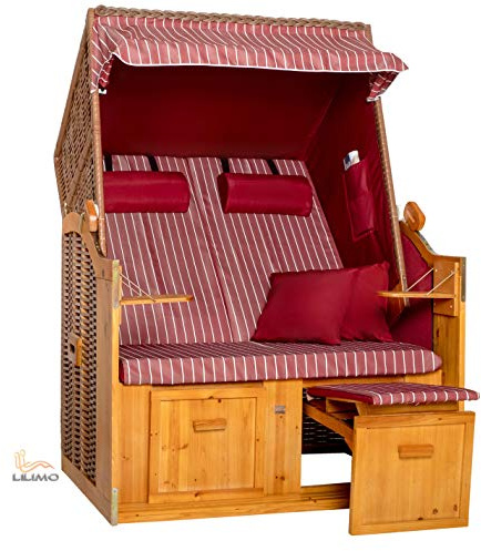 LILIMO Strandkorb Ostsee | Variante B in Bordeaux gestreift | Geflecht Natur | Inkl. Schutzhülle | 2-Sitzer Ideal für Garten Terrasse und Balkon