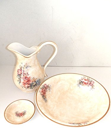 arterameferro Set Toilette per lavabo in Ceramica Toscana 3 Pezzi con Rose Catino Brocca