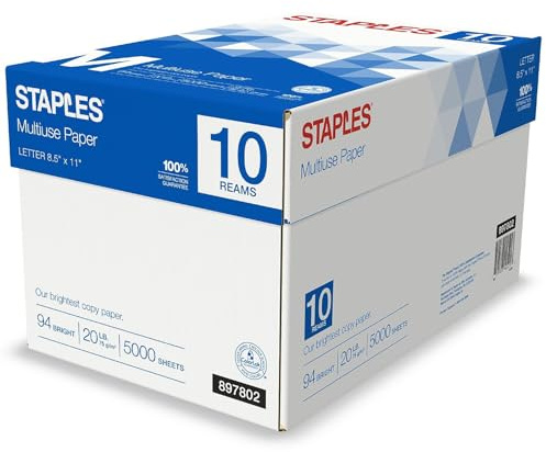 Staples Multipurpose Copy Printer Paper, 20 lb, 8.5 x 11 Inches, 10 Reams, 94 Bright, White