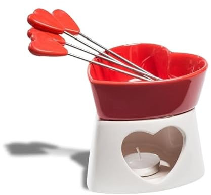 Fondue en chocolat en céramique en forme de cœur rouge 4 piques