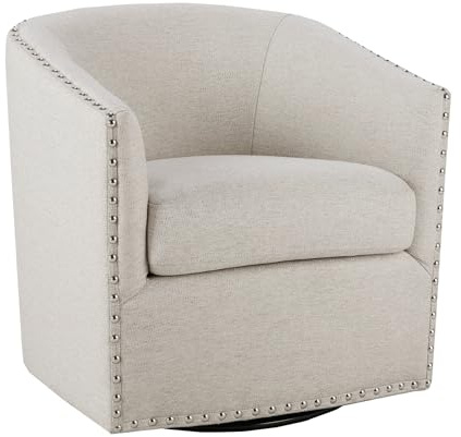 Madison Park Swivel Barrel Accent Chair, Upholstered Curved Back with 7-Inch Thick Woven Cushion, 360° Swivel, Nailhead Trim, Comfy Chair for Living Room, Bedroom, Office, 28 Wide, Neutral, Tyler