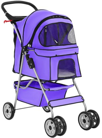 BestPet 4-Wheel Pet Stroller Dog and Cat Stroller Breathable Mesh Lightweight Travel Carrier Waterproof & Foldable Design Storage Basket for Daily Walks & Outdoor Use，Purple | Dog Stroller with 2 360° Swivel Wheels, Including Storage Basket, Cushion & Mesh Windows, Cup Holder, 4 Wheels, up to 15 kg