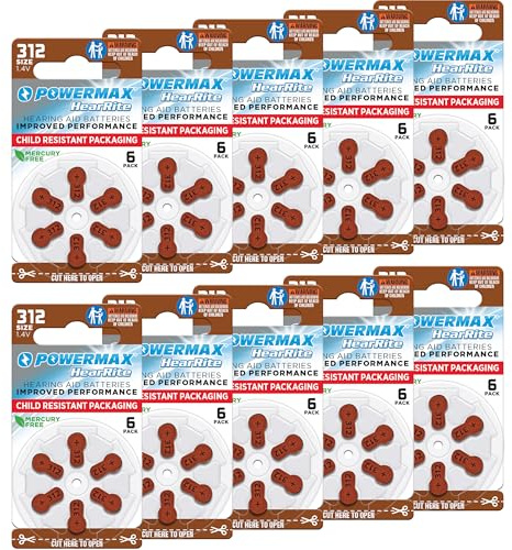Powermax Size 312 Hearing Aid Batteries, 60 Count Long-Lasting Battery Pack, Brown Long Tab for Easy Change