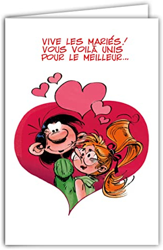 GLCT-0130 Gaston Lagaffe Carte mariage avec Motifs Vive les Mariés/Félicitations/Bonheur/cœur/amour
