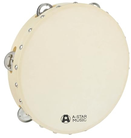 A-Star Pandereta de madera con cabeza de mano de 10 pulgadas/25 cm, hilera de cascabeles de un solo metal tradicional - cabeza natural