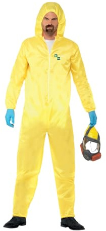 Smiffys Breaking Bad Costume in Yellow for Adults, Hazmat Suit, Latex Mask, Gloves, and Goatee, Officially Licensed, Channel Your Inner Heisenberg, Perfect for Stag and Hen Nights