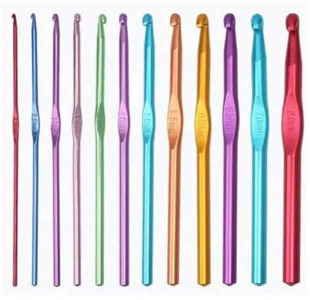 Crochet Hooks Set Aluminium 12pcs Needles 2mm 2.5mm 3mm 3.5mm 4mm 4.5mm 5mm 5.5mm 6mm (1/4 Inch) Wide 6.5mm 7mm 8mm in a Plastic Partitioned Wallet High Quality Coloured Aluminium Crochet Needles