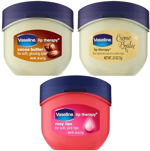 Vaseline Lip Therapy Variety 3-Pack – Crème Brûlée, Rosy Lips, Cocoa Butter Mini Lip Balms for Soft, Glowing, and Deliciously Kissable Lips, 0.25 Oz Ea
