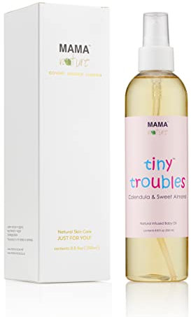 Baby Massage and Bath Oil - Mama Nature Tiny Troubles with Calendula & Sweet Almond. All-Natural Skin Care Treatment. Helps Relieve Cradle Cap, Eczema and Dry Skin. Handmade in the UK. 8/8 fl oz/250 ml